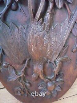 French Antique Deeply Carved Solid mahogany Wood Panel birds and flowers Theme
