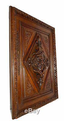 French Antique Gothic Hand Carved Walnut Wood Door Panel Mascaron Renaissance