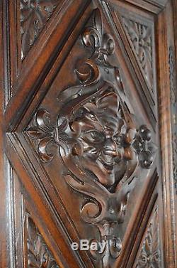 French Antique Gothic Hand Carved Walnut Wood Door Panel Renaissance Mascaron
