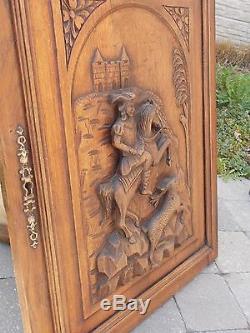 French Antique Hand Carved Large Wood Door Panel Horse Man Hunting Sculpture