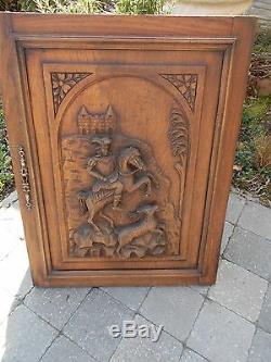 French Antique Hand Carved Large Wood Door Panel Horse Man Hunting Sculpture