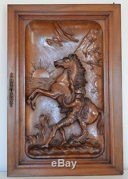 French Antique Hand Carved Large Wood Door Panel Reared Horse Man Sculpture