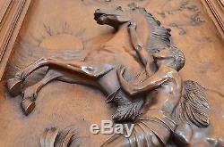 French Antique Hand Carved Large Wood Door Panel Reared Horse Man Sculpture