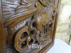 French Antique Hand Carved Oak Wood Door Panel Antiquity Arena Chariot