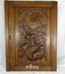 French Antique Hand Carved Oak Wood Door Panel- Stag Hunting Scene Middle Age