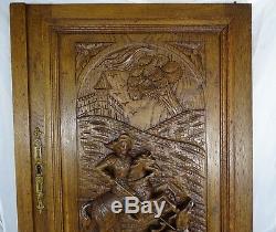 French Antique Hand Carved Oak Wood Door Panel- Stag Hunting Scene Middle Age