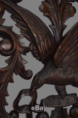 French Antique Hand Carved Openwork Wood Eagle Bird Wall Panel