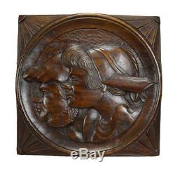 French Antique Hand Carved Rustic Breton Couple Portrait Wood Wall Panel