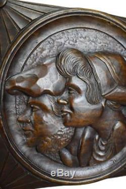 French Antique Hand Carved Rustic Breton Couple Portrait Wood Wall Panel