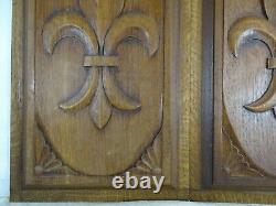 French Antique Hand Carved Two Oak Wood Panels Sculpture Fleur de Lys 16 x 9 T