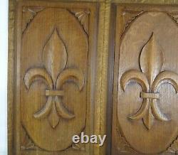 French Antique Hand Carved Two Oak Wood Panels Sculpture Fleur de Lys 16 x 9 T