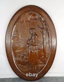 French Antique Hand Carved Walnut Wood Oval Panel Goose-Keeper in Perigord