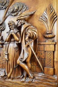 French Antique Hand Carved Wood Romantic Sculpture Wall Panel Door