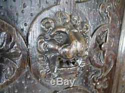 French Antique Highly Carved Architectural Panel Oak Wood Lion 19th Gothic