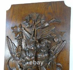 French Antique Large Deep Carved Oak Wood Panel Birds Hunting Salvage