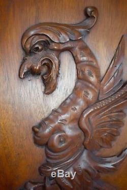 French Antique Large Pair of Carved Mahogany Wood Griffin Chimera Panels Frame