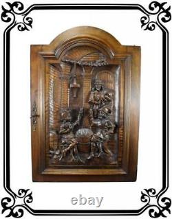 French Antique Middle Ages Hand Carved Walnut Wood Door Panel Tavern 19th. C