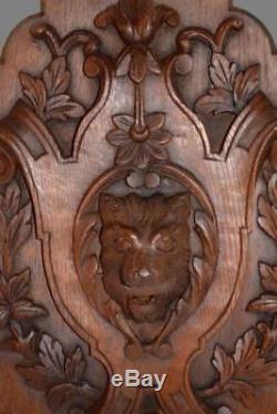 French Antique Neo Gothic Hand Carved Wood Lion Wall Panel Coat of Arms 1