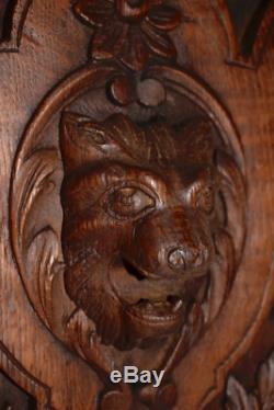 French Antique Neo Gothic Hand Carved Wood Lion Wall Panel Coat of Arms 1