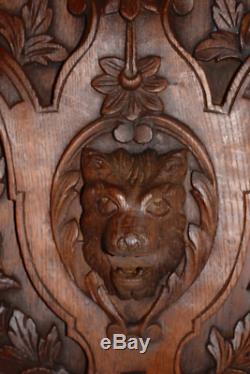 French Antique Neo Gothic Hand Carved Wood Lion Wall Panel Coat of Arms 1