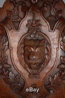 French Antique Neo Gothic Hand Carved Wood Lion Wall Panel Coat of Arms 1