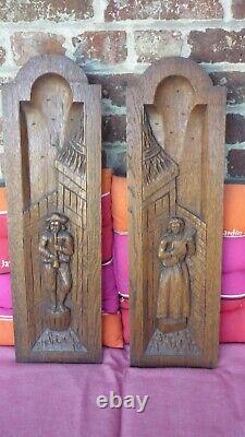 French Antique PAIR Hand Carved oak Wooden Wall Panels Figural Pediment