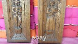 French Antique PAIR Hand Carved oak Wooden Wall Panels Figural Pediment