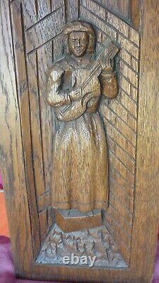 French Antique PAIR Hand Carved oak Wooden Wall Panels Figural Pediment