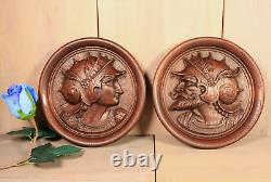 French Antique PAIR Medallions Renaissance Man Woman Carved Wood Plaque Panel