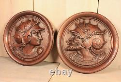 French Antique PAIR Medallions Renaissance Man Woman Carved Wood Plaque Panel