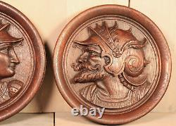 French Antique PAIR Medallions Renaissance Man Woman Carved Wood Plaque Panel