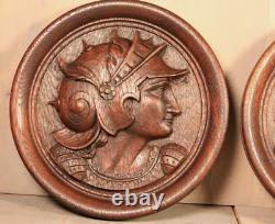 French Antique PAIR Medallions Renaissance Man Woman Carved Wood Plaque Panel