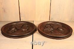 French Antique PAIR Medallions Renaissance Man Woman Carved Wood Plaque Panel