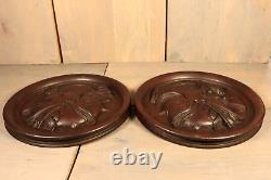 French Antique PAIR Medallions Renaissance Man Woman Carved Wood Plaque Panel