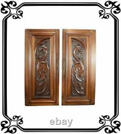 French Antique Pair Carved Wood Architectural Door Panel Gothic Chimera