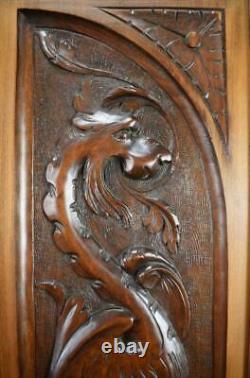 French Antique Pair Carved Wood Architectural Door Panel Gothic Chimera