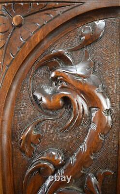 French Antique Pair Carved Wood Architectural Door Panel Gothic Chimera