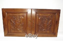 French Antique Pair Carved Wood Cupboard Door Panel Gothic Chimera Griffins