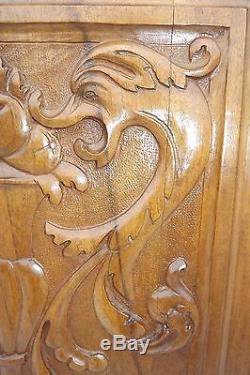 French Antique Pair Carved Wood Cupboard Door Panel Gothic Chimera Griffins