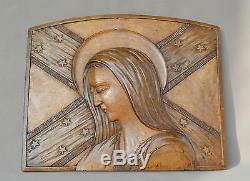 French Antique Religious Wall Carved Wood Panel of Our Lady Virgin Mary Signed
