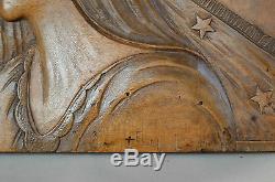 French Antique Religious Wall Carved Wood Panel of Our Lady Virgin Mary Signed