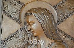 French Antique Religious Wall Carved Wood Panel of Our Lady Virgin Mary Signed