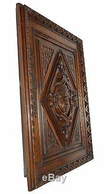 French Antique Renaissance Hand Carved Walnut Wood Salvage Door Panel, Mascaron