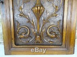 French Antique Superb Carved Gothic Griffin Roses Walnut Wood Door Panel