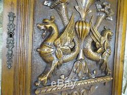 French Antique Superb Hand Carved Gothic Griffin Walnut Wood Cabinet Door Panel