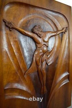 French Art Deco Religious Large Hand Carved Wood Crucifix Wall Panel Signed