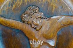 French Art Deco Religious Large Hand Carved Wood Crucifix Wall Panel Signed