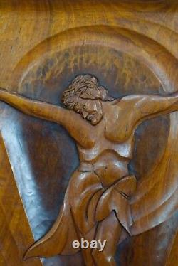 French Art Deco Religious Large Hand Carved Wood Crucifix Wall Panel Signed