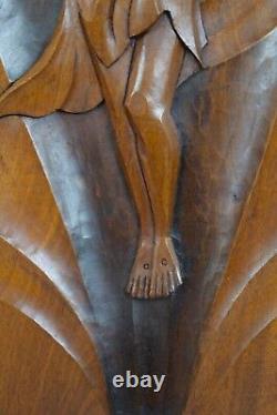 French Art Deco Religious Large Hand Carved Wood Crucifix Wall Panel Signed