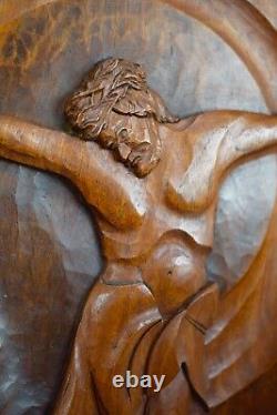 French Art Deco Religious Large Hand Carved Wood Crucifix Wall Panel Signed